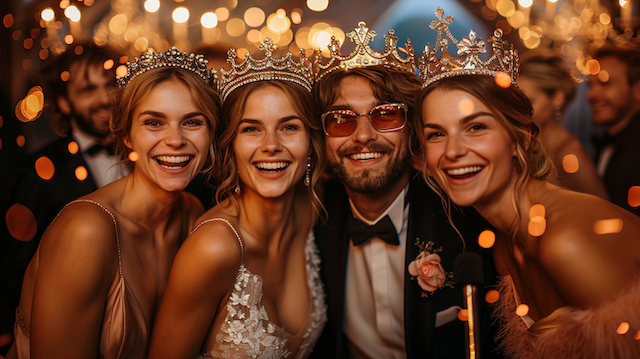 Wedding guests posing with Royal Crowns and Scepters Friends in tuxedos and gowns wear sparkling crowns and smile under warm string lights while posing together at a festive wedding photo booth