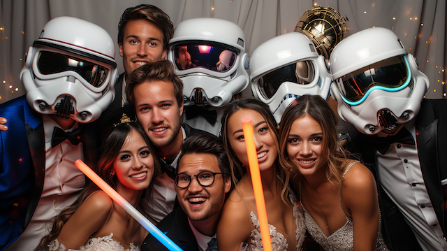 Wedding guests posing with Sci-Fi Gadgets Friends in tuxedos and gowns pose with sci fi helmets and glow sticks, laughing under lights in a playful wedding photo booth