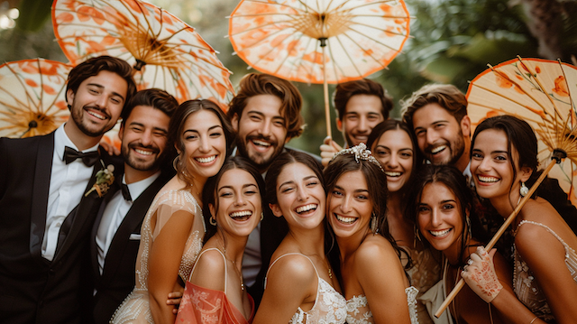 Wedding guests posing with Vintage Parasols ```hrp-text 🛠 Using python... ``` ```hrp-text 🛠 Using python... ``` Friends in tuxedos and gowns hold floral parasols and smile together in a garden setting at a joyful wedding photo booth