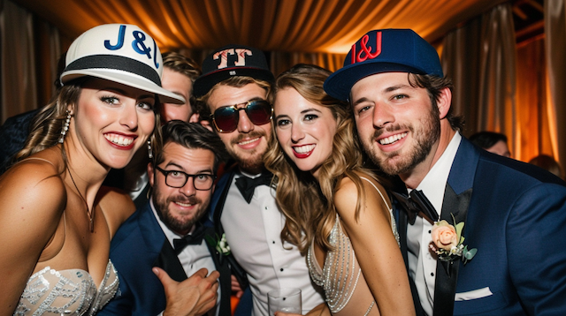 Wedding guests posing with baseball caps Friends in tuxedos and gowns wear personalized caps with initials and sunglasses, smiling under warm drape lights at a wedding photo booth