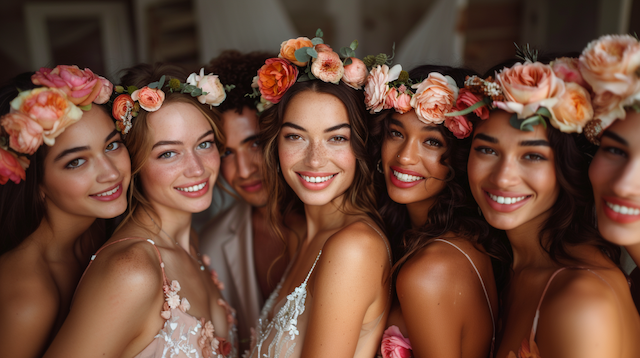 Bride and bridesmaids wearing lush floral crowns lean in and smile for a warm indoor wedding photo booth group portrait Wedding guests posing with flower crowns