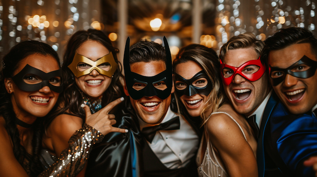 Wedding guests posing with superhero capes and masks Friends in evening attire wear superhero eye masks and smile close to the camera during a lively indoor wedding photo booth moment