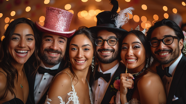 Wedding guests posing with with magicians hats and wand Friends in tuxedos and gowns wear playful party hats feathered toppers and novelty accessories while smiling together at a glowing wedding photo booth
