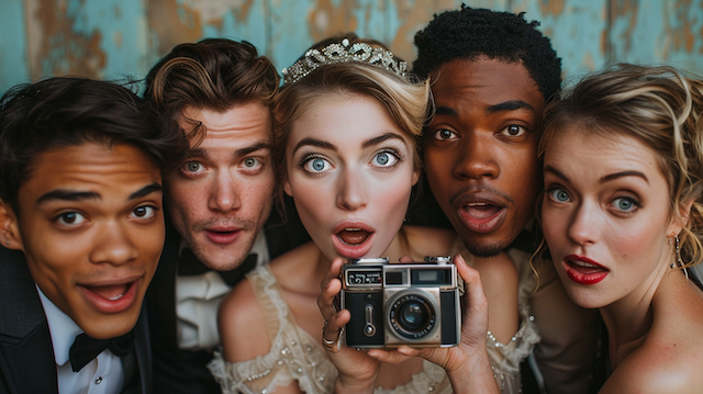 Wedding guests posing with with vintage camera Bride in tiara holds a vintage camera as friends lean in close with surprised smiles for a wedding photo booth portrait