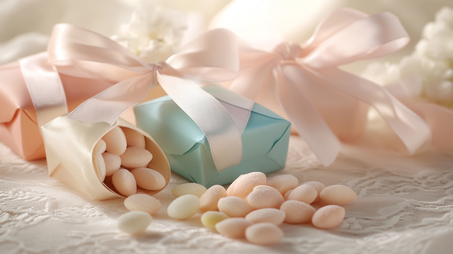Pastel bomboniere with sugared almonds wrapped in soft, delicate ribbons, a traditional Mediterranean wedding