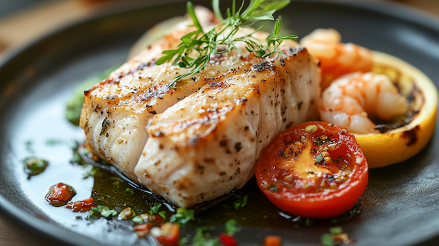 Grilled fish with shrimp and roasted tomatoes, garnished with fresh herbs on a black plate, showcasing a flavorful seafood dish