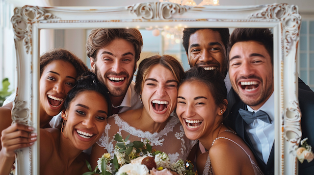 group of wedding guests posing inside a large, custom photo booth frame Bride and wedding party laugh together while holding an ornate picture frame prop for a fun indoor photo booth group portrait