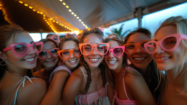 guests at wedding receptioin using photo booth props Bridal party and groomsmen in sunglasses laugh together holding a giant pink flamingo prop at an outdoor wedding photo booth under palms