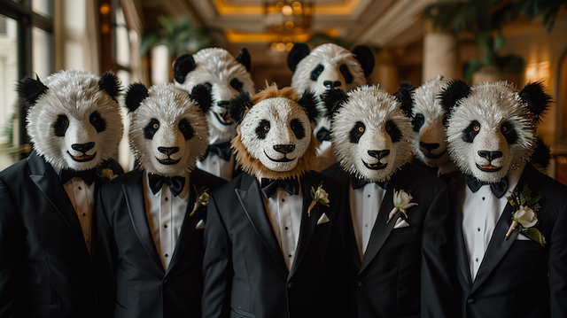 guests posing at a photo booth with animal masks Groomsmen in tuxedos wear panda masks and pose together in a grand hallway for a playful wedding photo booth shot