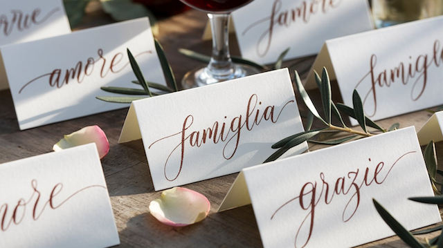 Elegant Italian wedding place cards with calligraphy, featuring names like 'amore,' 'famiglia,' and 'grazie' on a rustic wooden table with olive branches