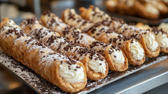 Close-up of a tray of cannoli filled with creamy ricotta, topped with chocolate chips, and dusted with powdered sugar
