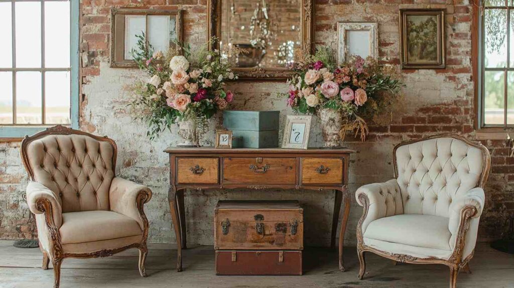 Vintage lounge with tufted armchairs, antique console, floral urns, mirrors, and trunks against a rustic brick wall