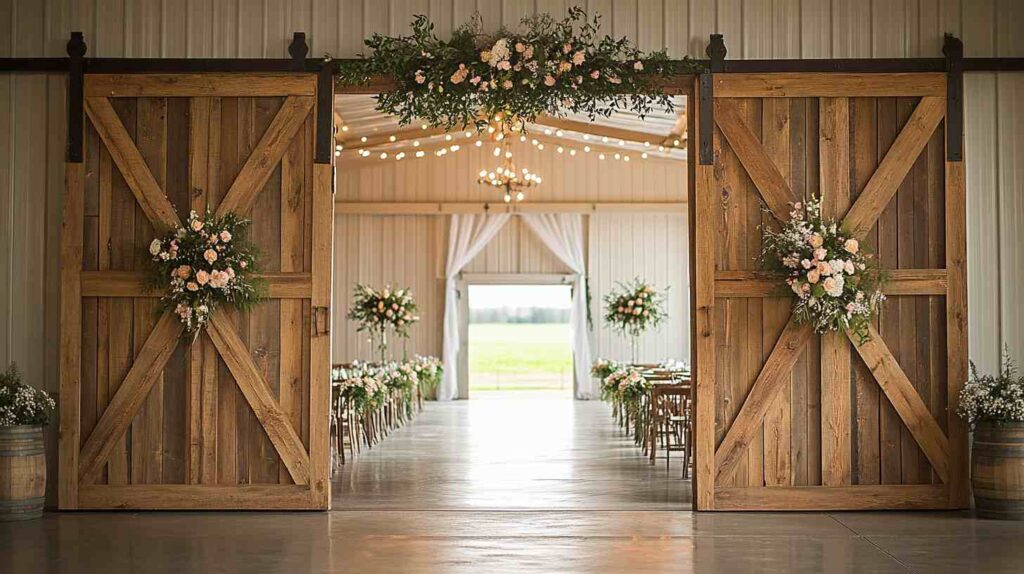 Rustic barn wedding ceremony setup with open wooden doors adorned with floral wreaths, string lights, and greenery framing the aisle inside