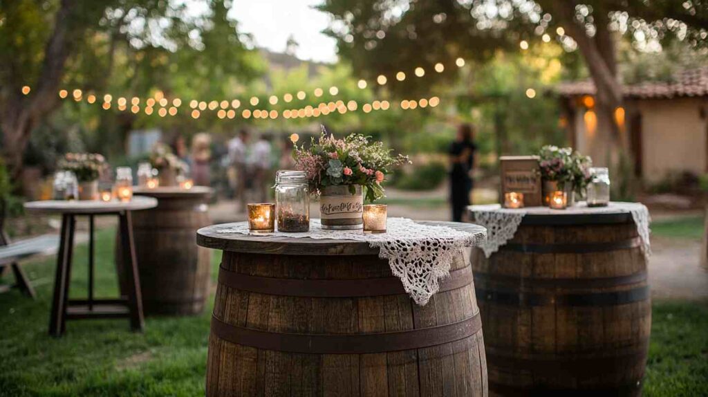 Rustic barrel tables decorated with lace runners, mason jars, and candles under string lights at an outdoor country wedding reception