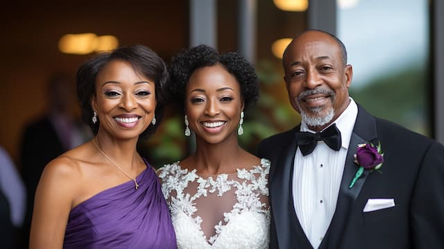 Bride with Groom's Parents Bride posing with her parents, a joyful family portrait showing smiles and elegance in their formal wedding attire.