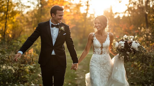 Bride and Groom Holding Hands Bride and groom walking hand-in-hand through an autumn path, smiling at each other with a glowing sunset in the background