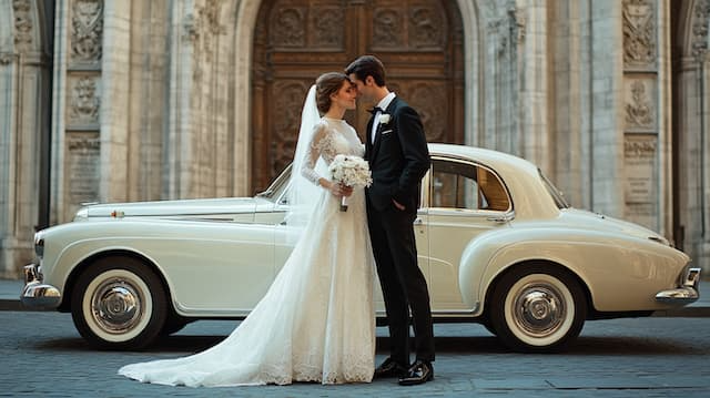 Bride and Groom Posing Besides the Wedding Car Bride and Groom Sharing a Kiss in Front of a Classic Wedding Car