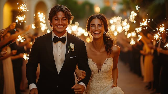 Bride and Groom Running Through Sparklers Bride and groom smiling joyfully while running through a tunnel of sparklers, celebrating their wedding day in a vibrant, magical moment