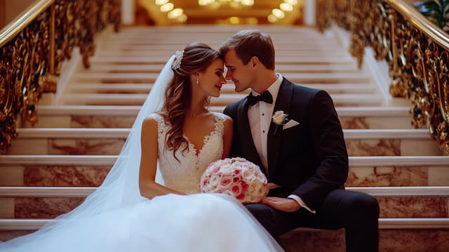 Bride and Groom Sitting on Stairs Bride and Groom Sitting on Stairs, Gazing Into Each Other's Eyes with Wedding Flowers in Hand
