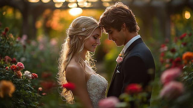 Bride and Groom in the Garden Bride and Groom Standing Close Together, Surrounded by Beautiful Roses, Sharing a Moment of Pure Joy