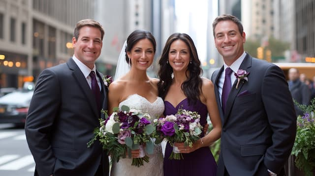Bride and Groom with Best Man and Maid of Honor Bride and groom standing with their best man and maid of honor, posing together in front of a city backdrop with bouquets of purple flowers