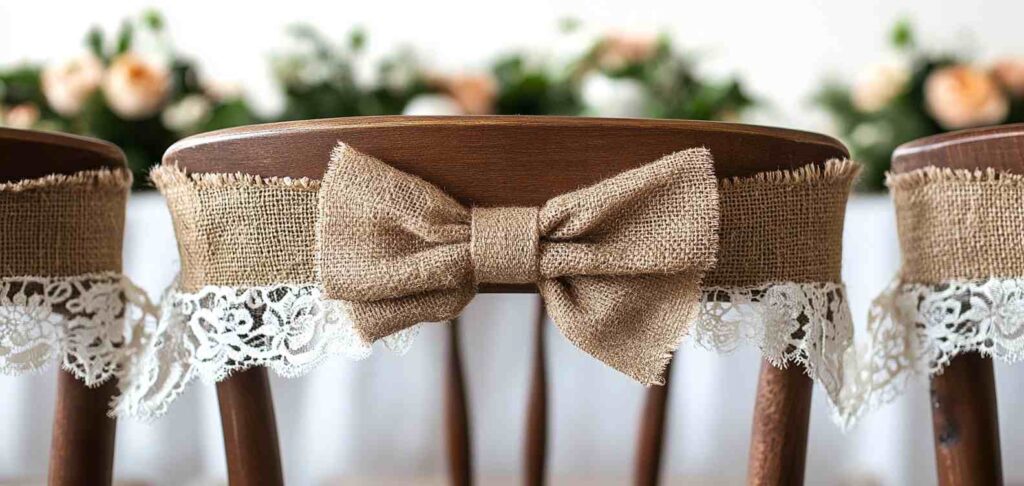 Burlap and lace chair decor with a rustic burlap bow tied around wooden wedding chairs, creating a charming country-style ceremony seating look
