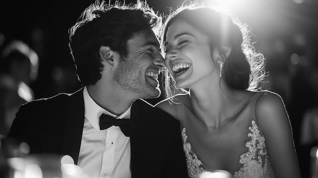 Candid Laughs of Bride and Groom Bride and groom sharing a joyful moment, laughing together during their wedding reception, captured in black and white