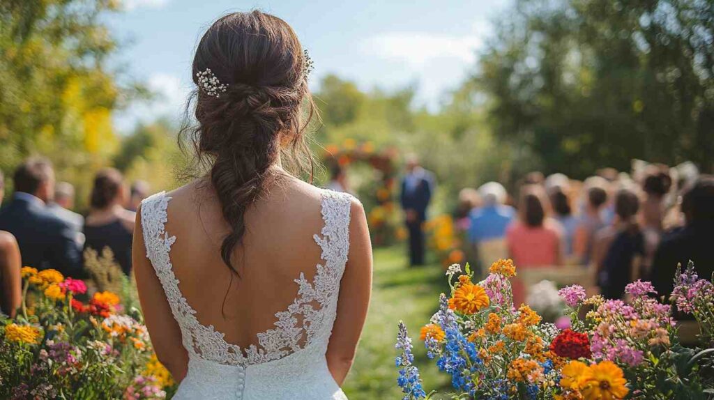 Bride with lace-back gown walking down outdoor aisle lined with wildflowers toward a rustic ceremony under trees on a sunny day