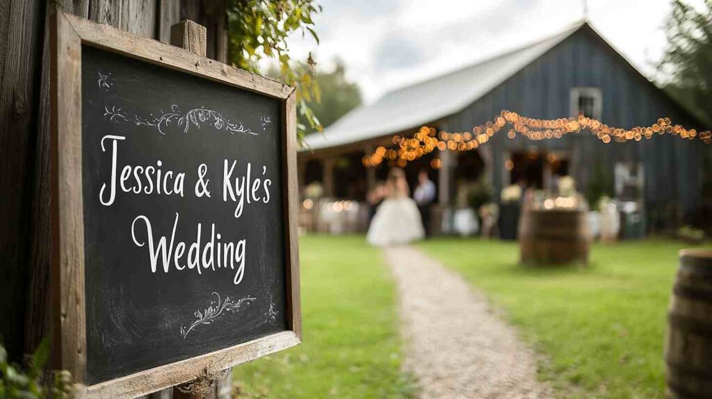 Chalkboard Wedding Sign Rustic barn wedding entrance with custom chalkboard welcome sign reading couple’s names, string lights, and blurred barn backdrop with bride in gown