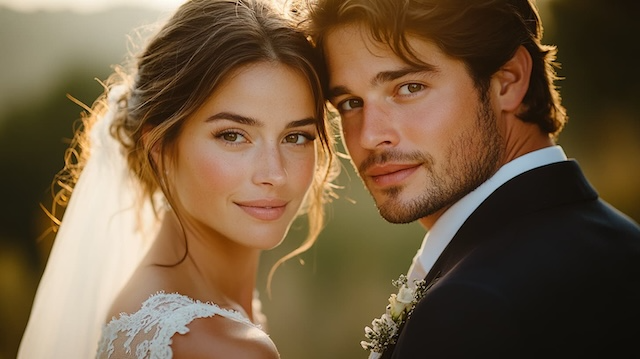 Close-Up of Faces Bride and Groom Bride and groom sharing a serene and intimate moment, looking into the camera with love and elegance on their wedding day, captured in soft natural light
