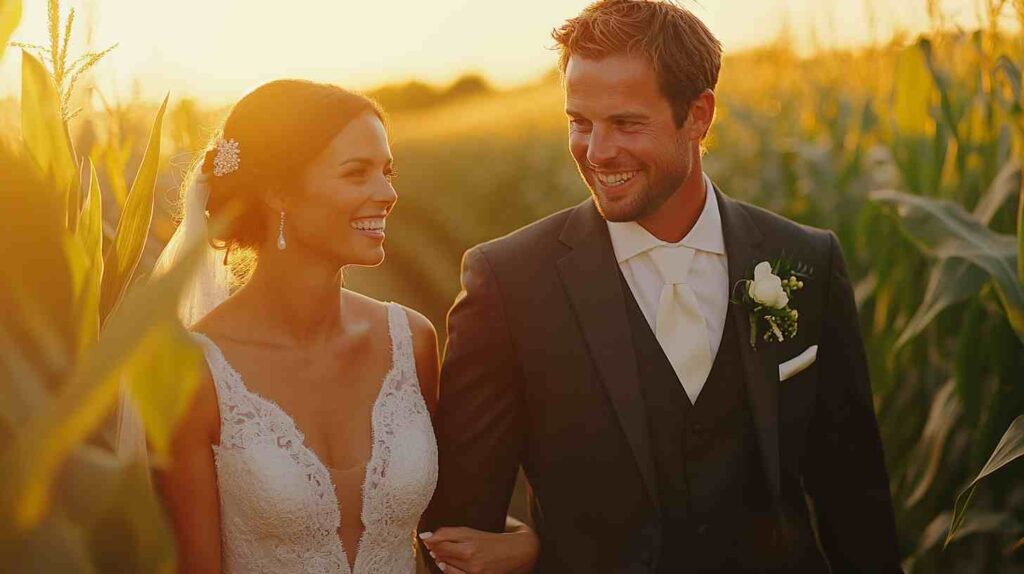Bride and groom walking arm in arm through a golden cornfield at sunset, smiling and sharing a joyful moment during a rustic country wedding photoshoot