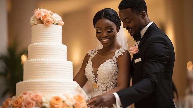 Bride and Groom Cutting the Cake Bride and groom smiling as they cut their wedding cake, surrounded by soft peach roses and capturing the joy of the moment.