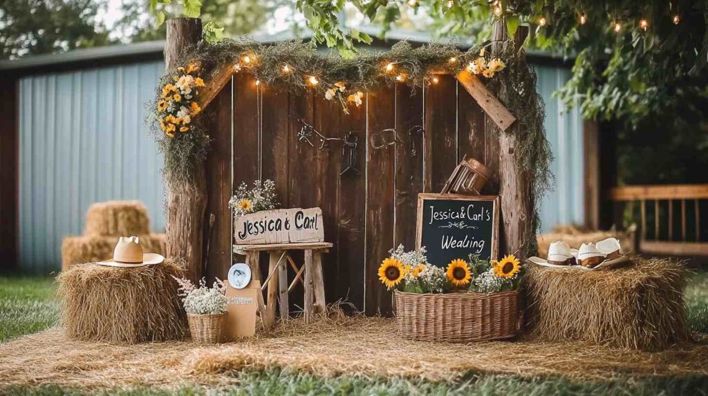 Rustic country wedding photo booth with wooden backdrop, hay bales, sunflowers, string lights, and chalkboard signs reading “Jessica & Carl’s Wedding”