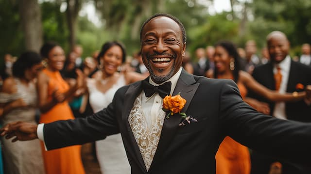 Groom Dancing With Guests A groom joyfully dancing at the wedding, smiling wide with his arms open while guests celebrate in the backgroun