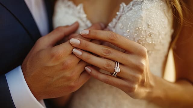 Detailed Shot of Rings Close-up of bride and groom holding hands, showcasing their wedding rings with soft focus on the details