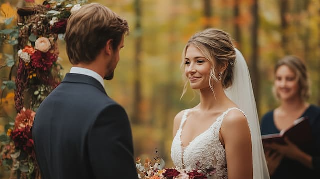 Bride and Groom Exchanging Vows Bride and groom exchanging vows during an outdoor autumn ceremony, with the bride smiling at the groom