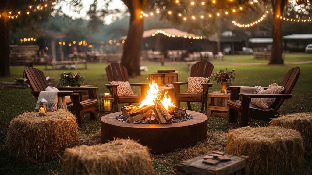 Cozy fire pit lounge with Adirondack chairs, hay bale seating, lanterns, and string lights glowing at an outdoor country wedding reception