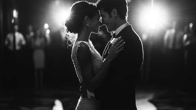 First Dance of Bride and Groom Bride and groom sharing an intimate moment during their first dance, captured in black and white with dramatic lighting highlighting their connection