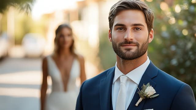 First Look Reveal groom in blue suit smiling at the camera with bride blurred in background, wearing a white dress with deep v-neck and long hair down