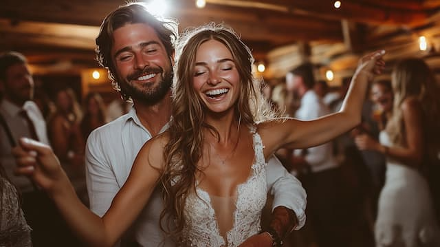 Bride and Groom Fun Dancing Shot Bride and groom joyfully dancing together on the wedding night, surrounded by happy guests and soft lighting