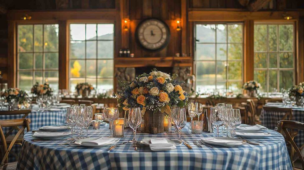 Blue gingham tablecloths in a rustic barn room with mountain views, floral centerpiece, candles, and elegant place settings