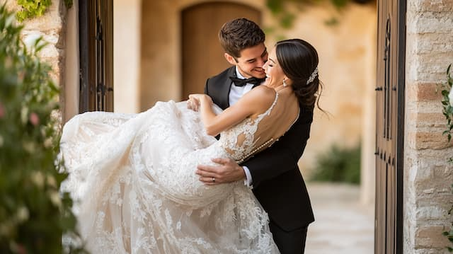 Groom Carrying Bride Over Threshold Groom lovingly carrying his bride over the threshold, both smiling joyfully, with the bride's flowing lace wedding dress on display