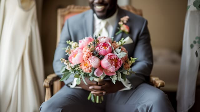 Groom Holding Bride's Bouquet Groom Holding Wedding Bouquet, Smiling with Peonies and Roses in Hand
