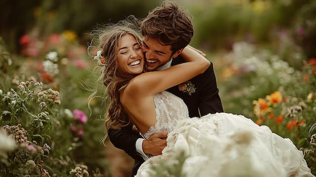 Groom Picking Up Bride Bride and groom sharing a joyful moment in a floral garden, with the groom lifting the bride in his arms as they both smile and laugh