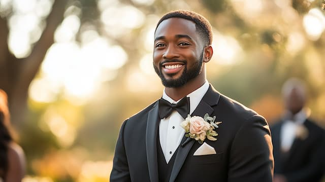 Groom's Reaction to Seeing the Bride Groom smiling confidently during the wedding ceremony, wearing a tuxedo with a rose boutonnière