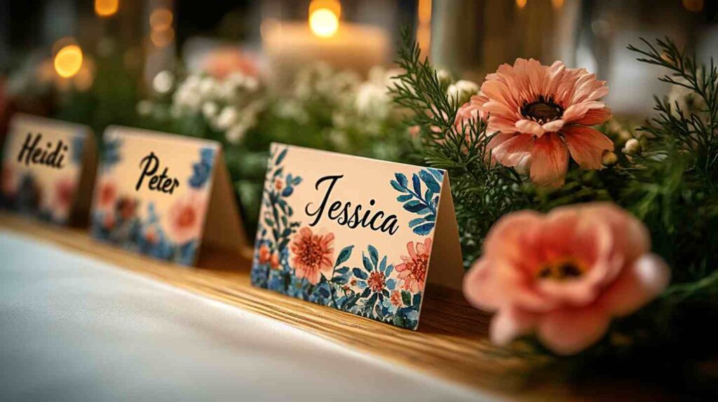 Hand painted floral escort cards labeled Heidi Peter Jessica on a wooden ledge with greenery coral blooms and candlelight bokeh