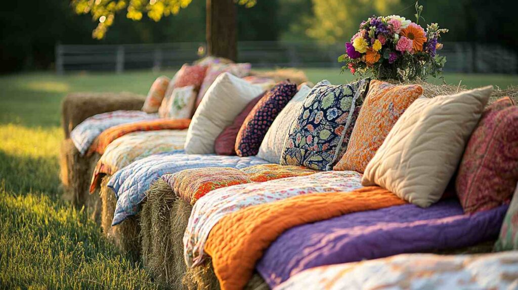 Hay bale seating covered with colorful quilts and cozy pillows, accented with a bright rustic floral arrangement for a relaxed outdoor country wedding