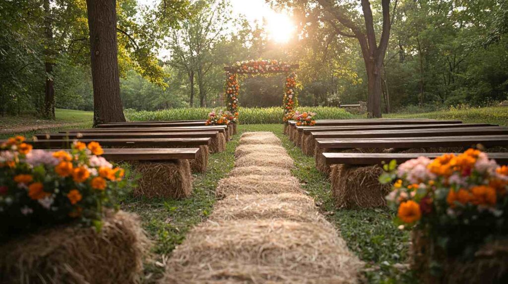 Outdoor country wedding ceremony with hay bale seating, wooden benches, and a floral arch under trees at sunset for rustic charm