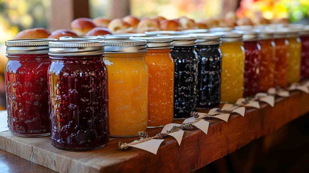 Row of assorted homemade jam jars in vibrant colors lined on a rustic wooden table with small favor tags for a country wedding.