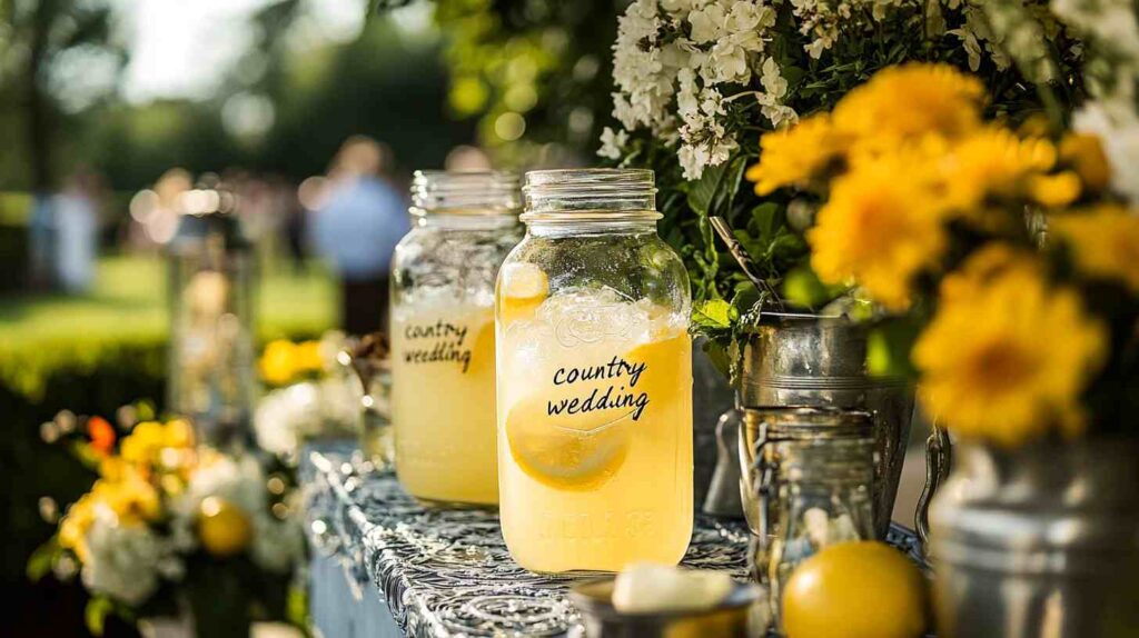 Mason jars filled with fresh lemonade and lemon slices on a rustic outdoor drink station, surrounded by bright yellow flowers and greenery at a country wedding